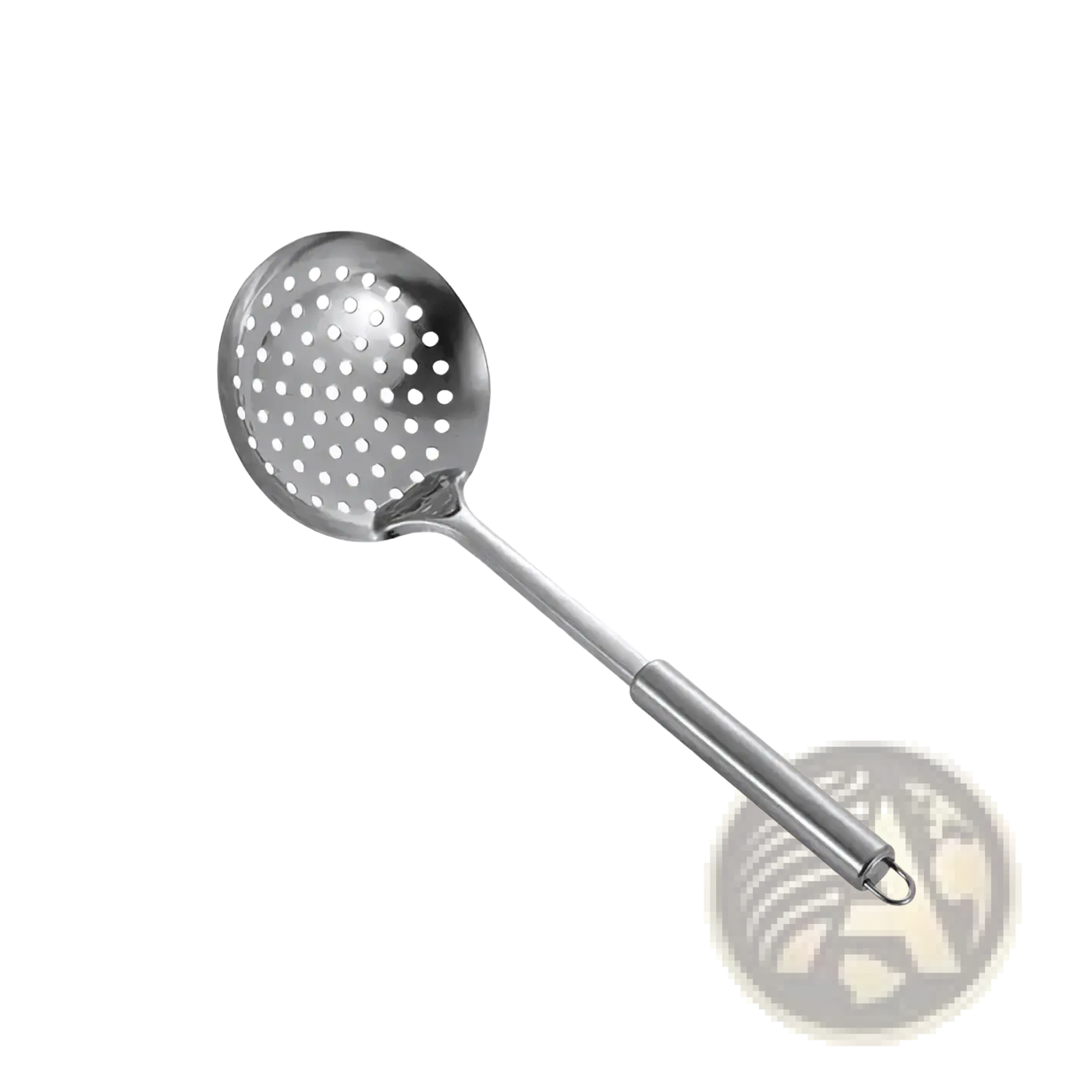 A sleek stainless steel skimmer spoon with long handle and perforated round head from a cooking utensil set