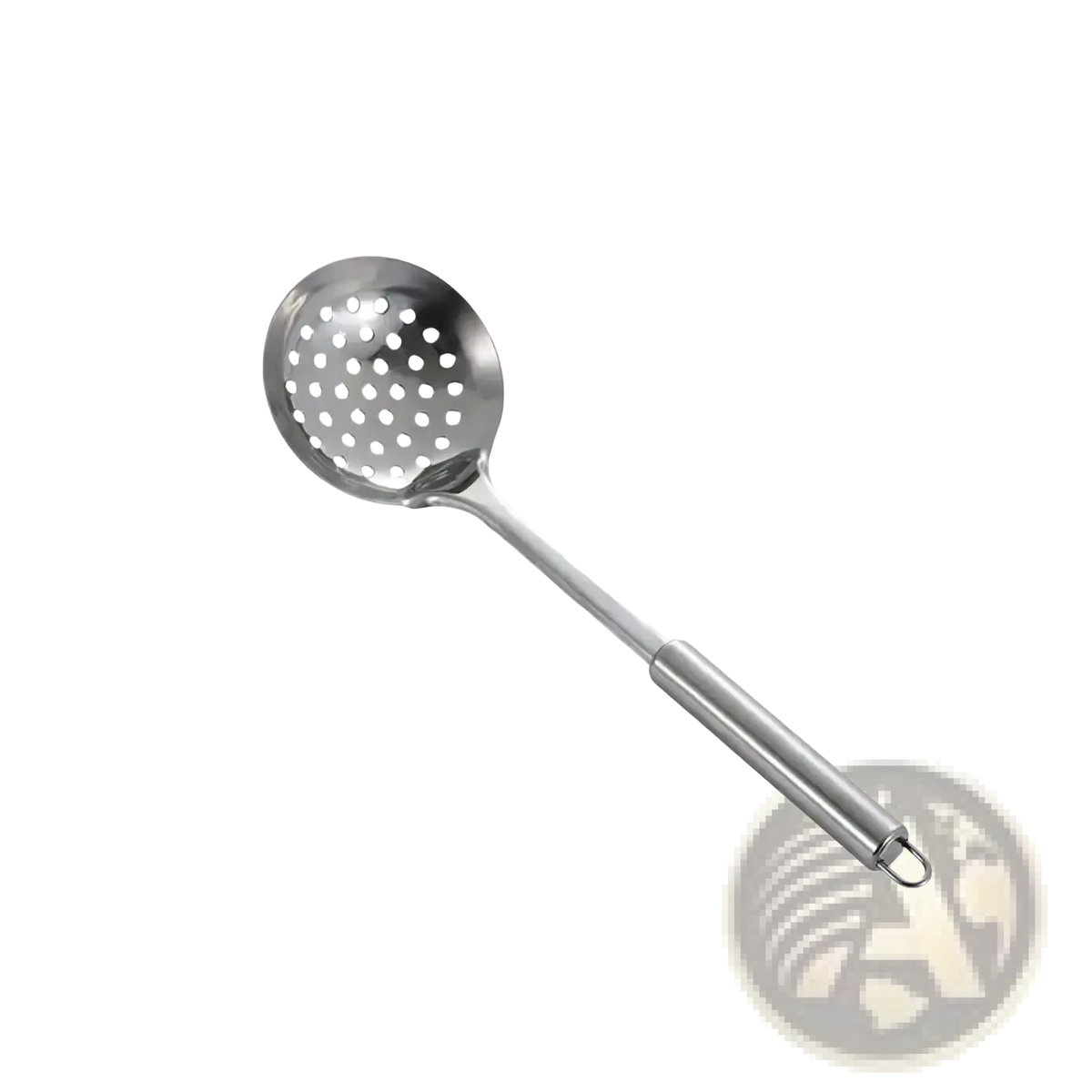 A sleek stainless steel small strainer with perforated bowl and long handle in stainless steel cooking utensil set