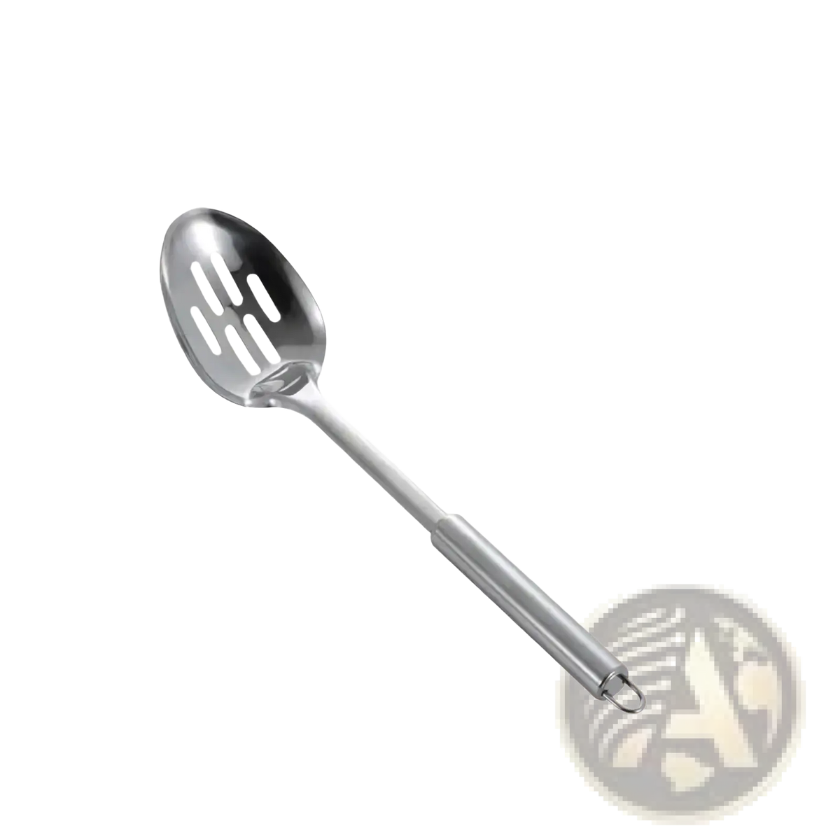 A sleek stainless steel long rice scoop with a slotted head and 32cm handle in a stainless steel cooking utensil set