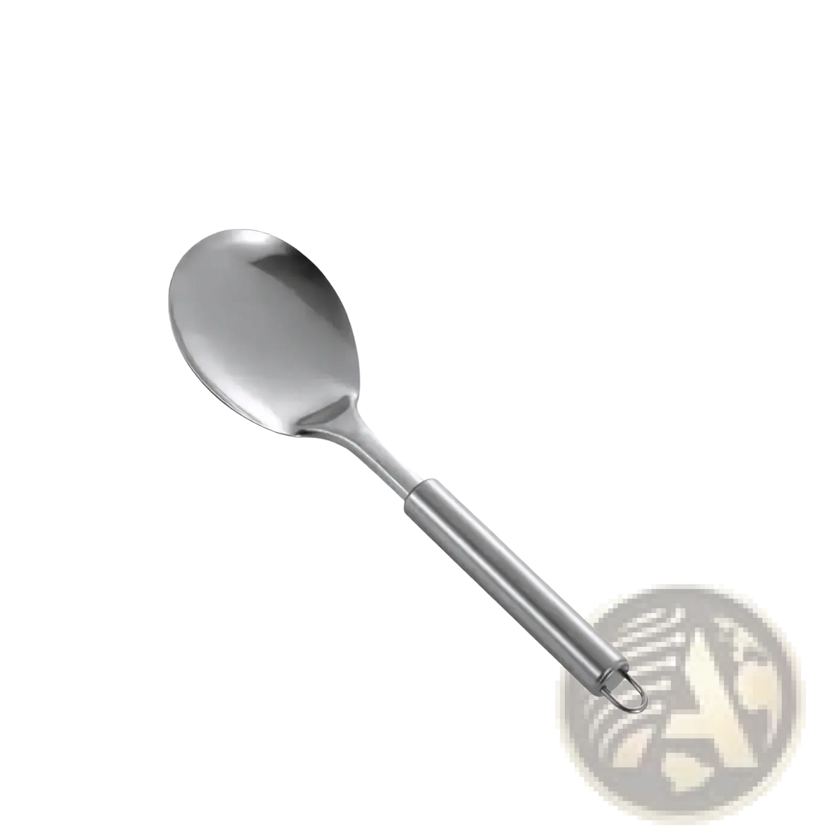 Stainless steel cooking utensil set featuring a reflective short rice scoop with a looped handle end