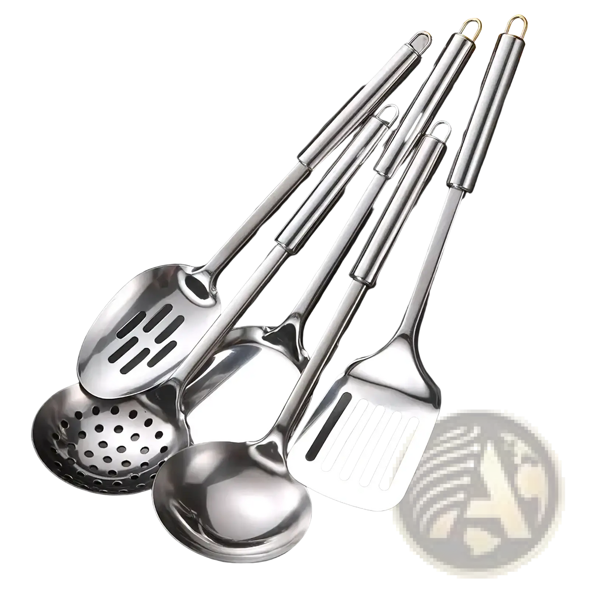 Set of four stainless steel cooking utensils including slotted spoon, solid spoon, ladle, and spatula with metallic handles