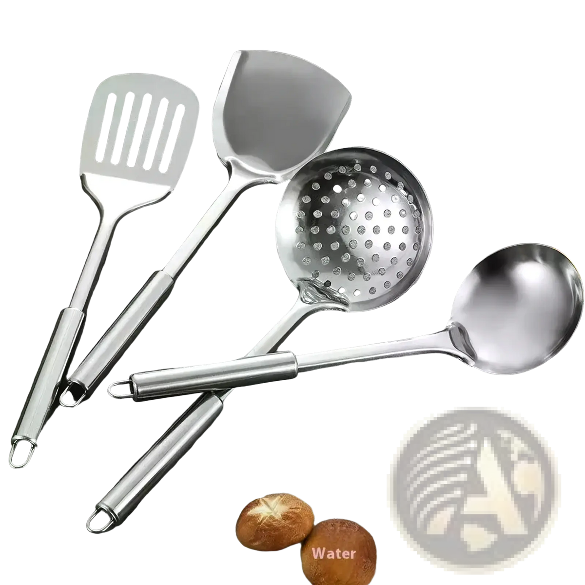 Set of four stainless steel cooking utensils including slotted spatula solid spatula perforated strainer and ladle