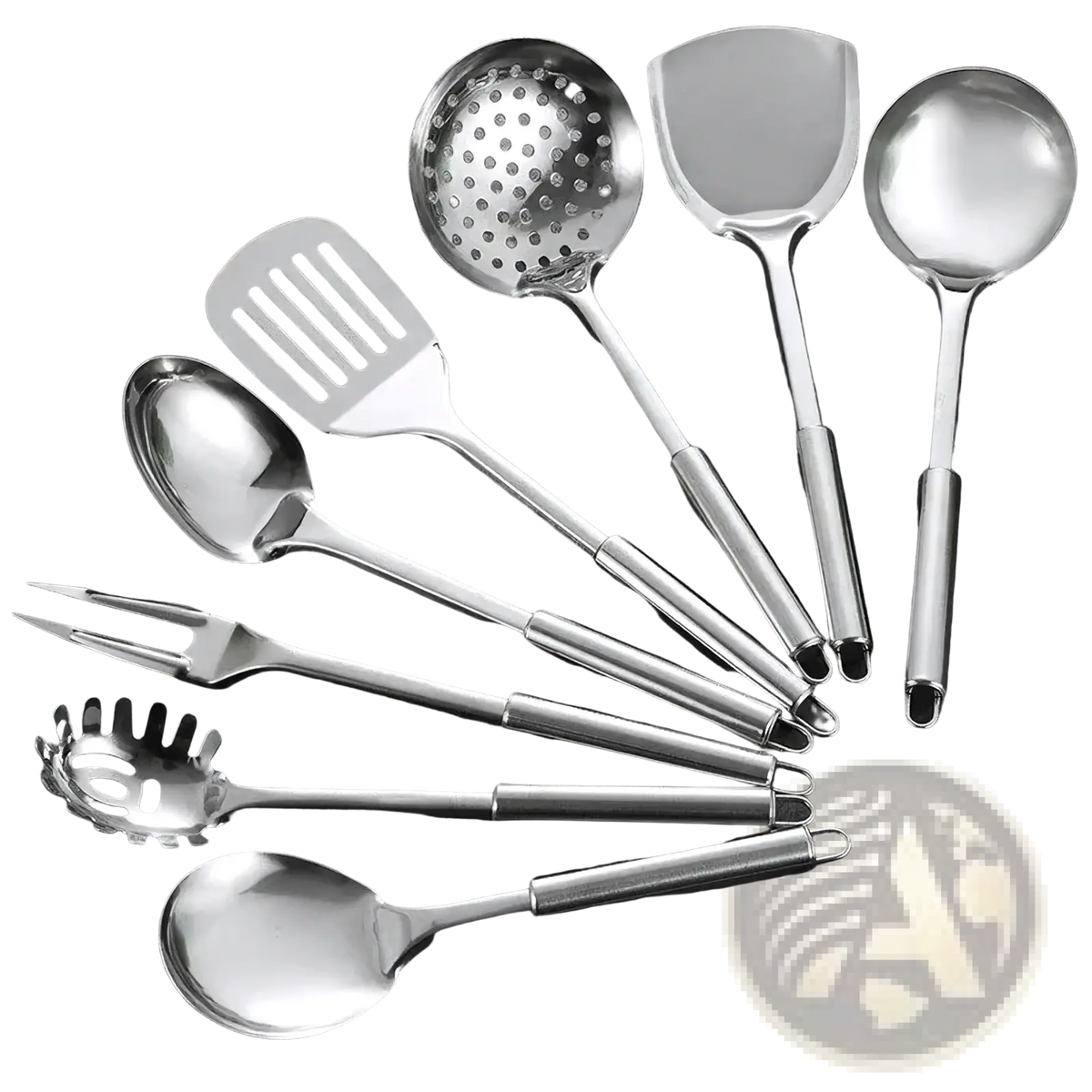 Stainless steel cooking utensil set with sleek reflective surfaces and ergonomic handles for kitchen use