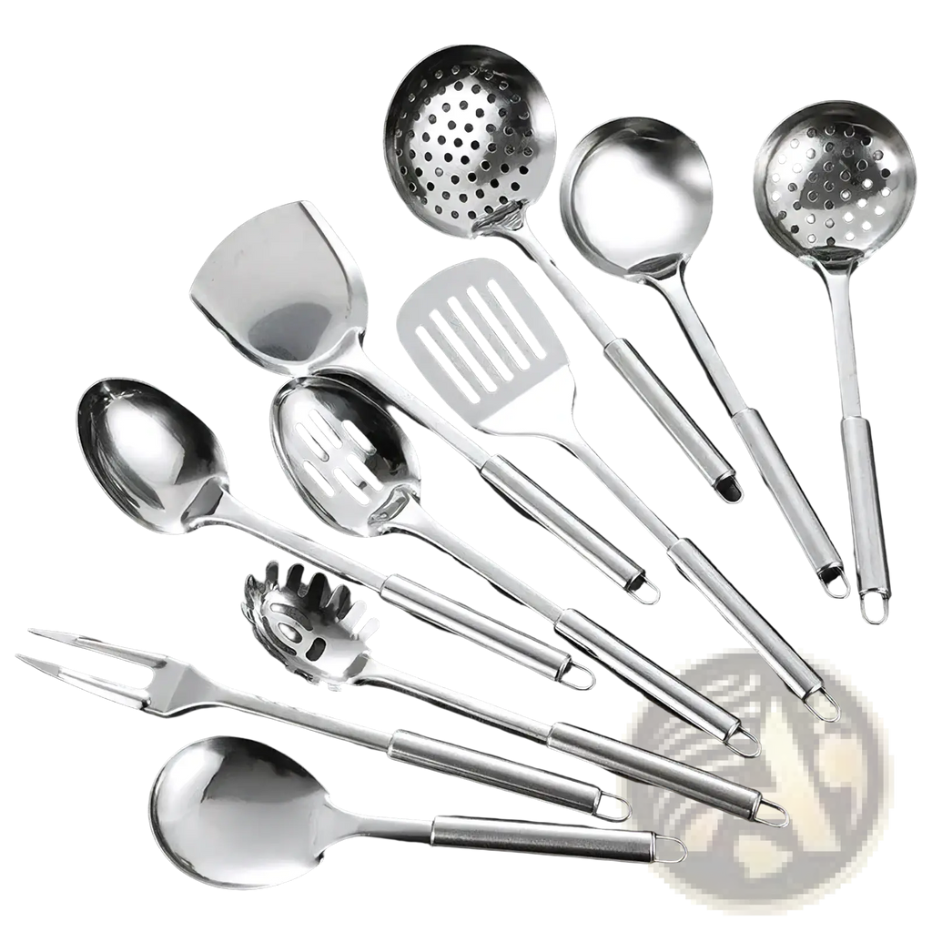 Stainless steel cooking utensil set with polished metallic finish featuring slotted spoons spatula fork and solid spoons
