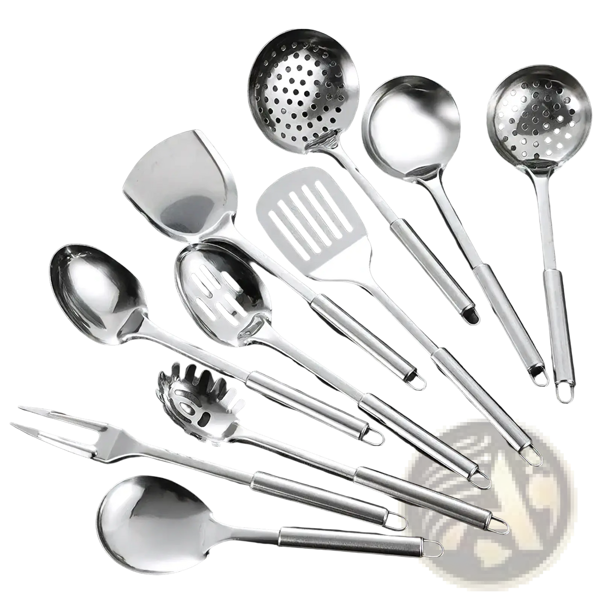 Stainless steel cooking utensil set with polished metallic finish featuring slotted spoons spatula fork and solid spoons