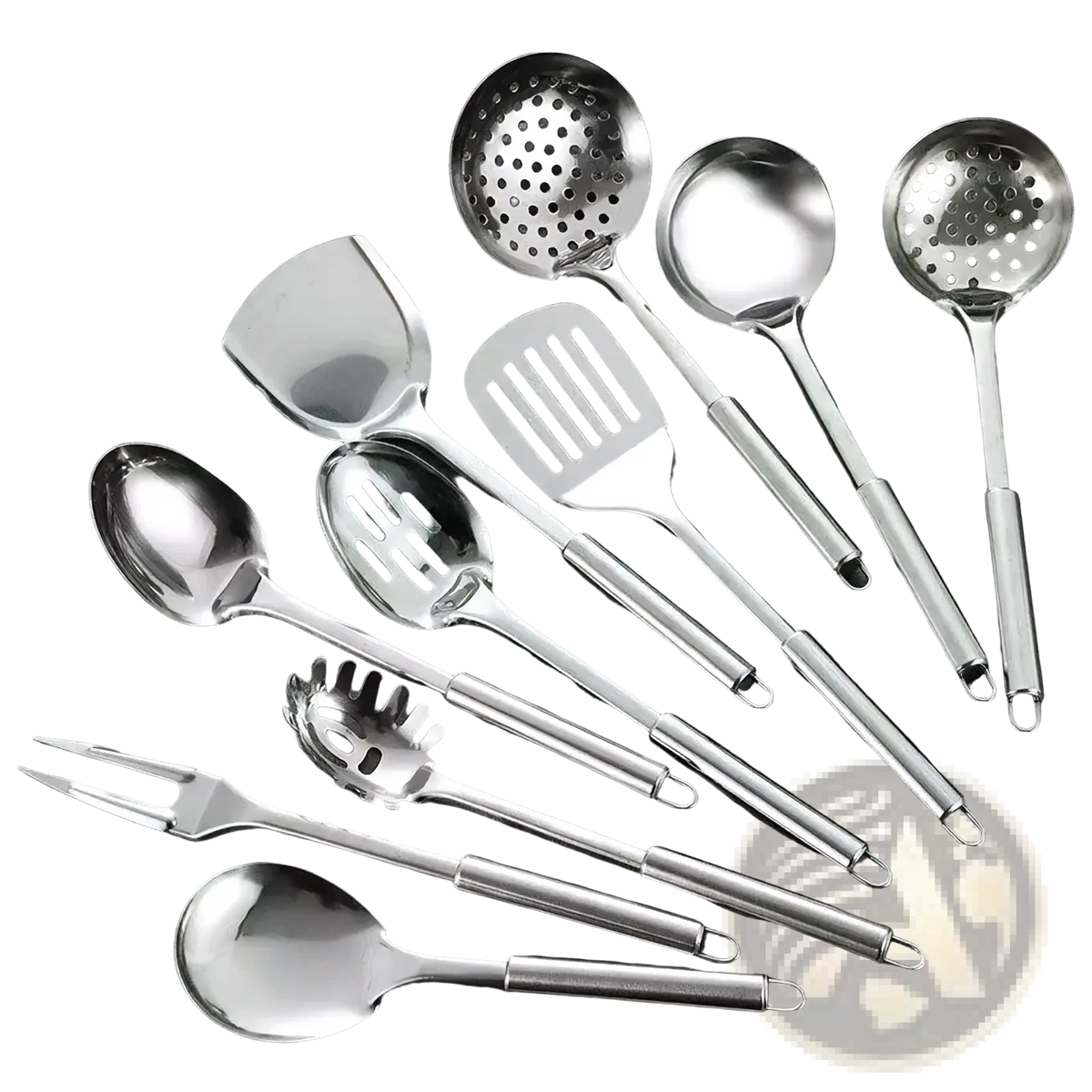Set of stainless steel cooking utensils in various shapes and sizes including spoons spatulas ladles and a fork
