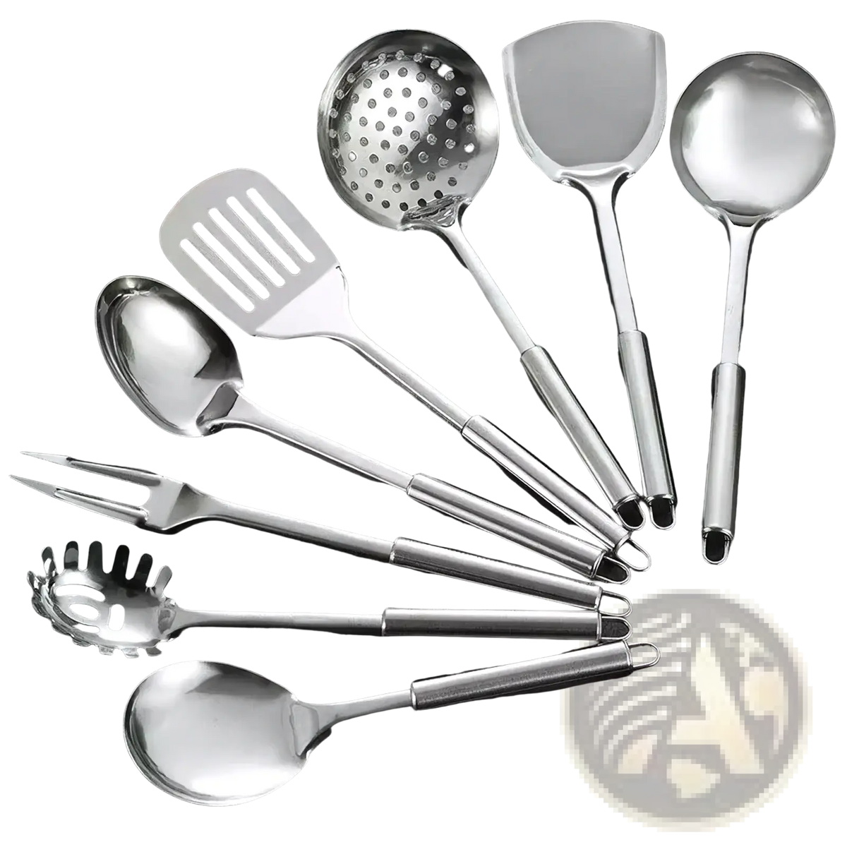Stainless steel cooking utensil set with sleek reflective surfaces and ergonomic handles in silver color