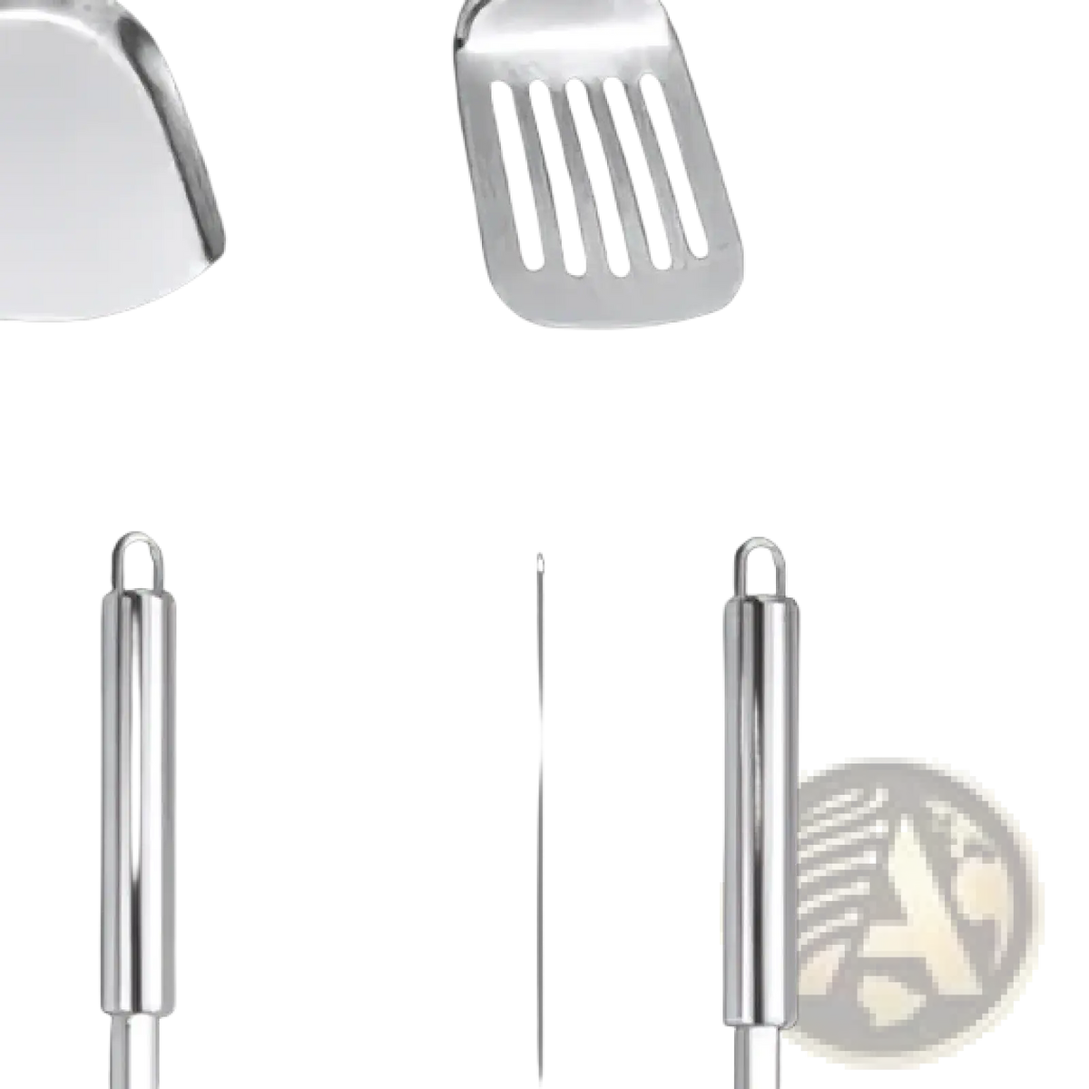 Silver stainless steel kitchen spatula with slotted head and sleek cylindrical handle from stainless steel cooking utensil set