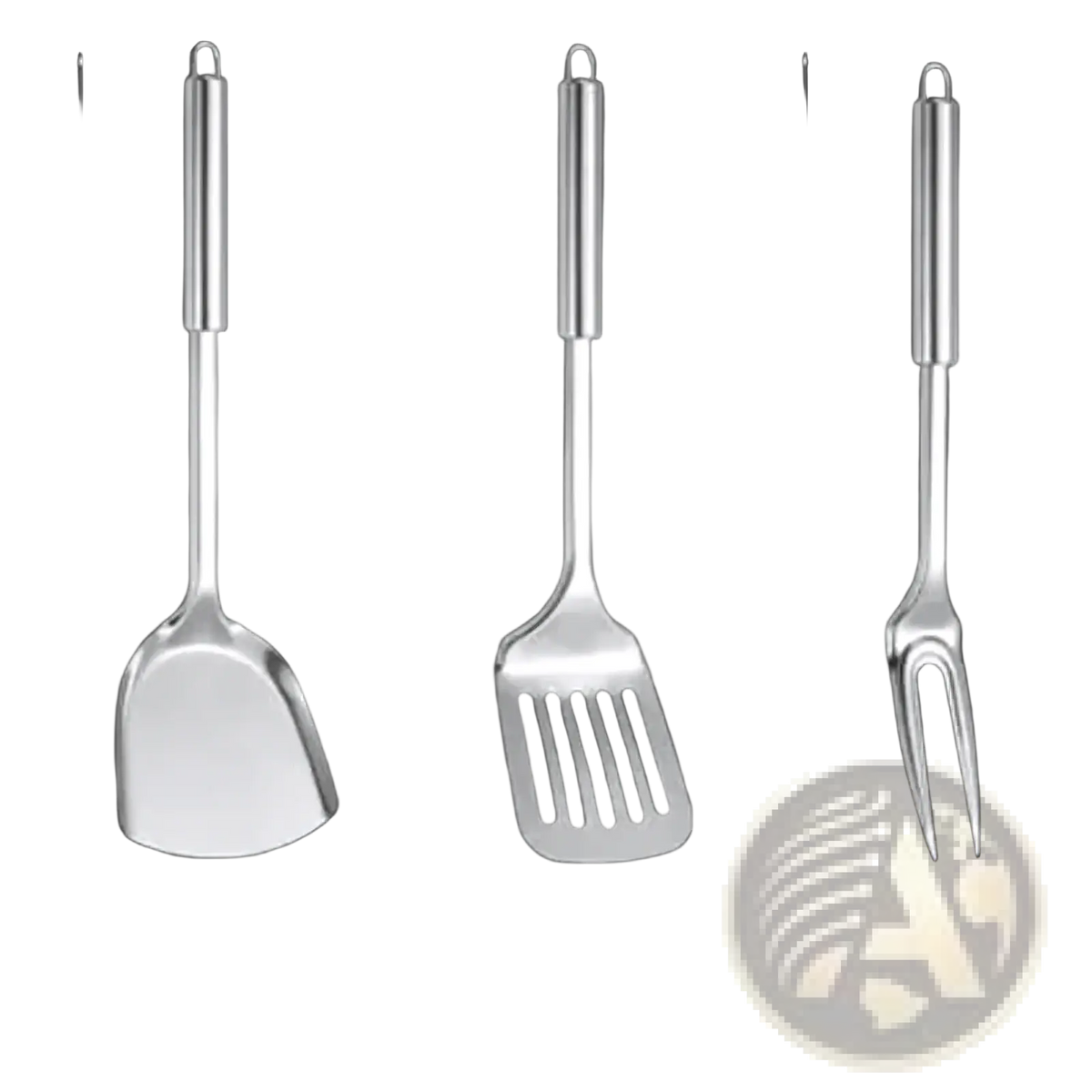 Set of three stainless steel cooking utensils including a flat spatula slotted spatula and fork for kitchen use