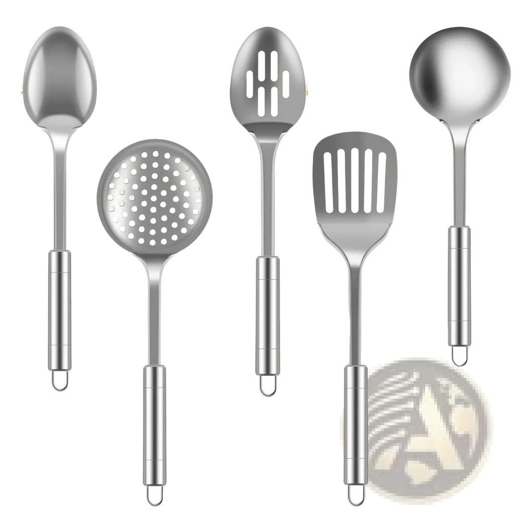 Set of five stainless steel cooking utensils including ladle slotted spoon strainer spatula and solid spoon in silver