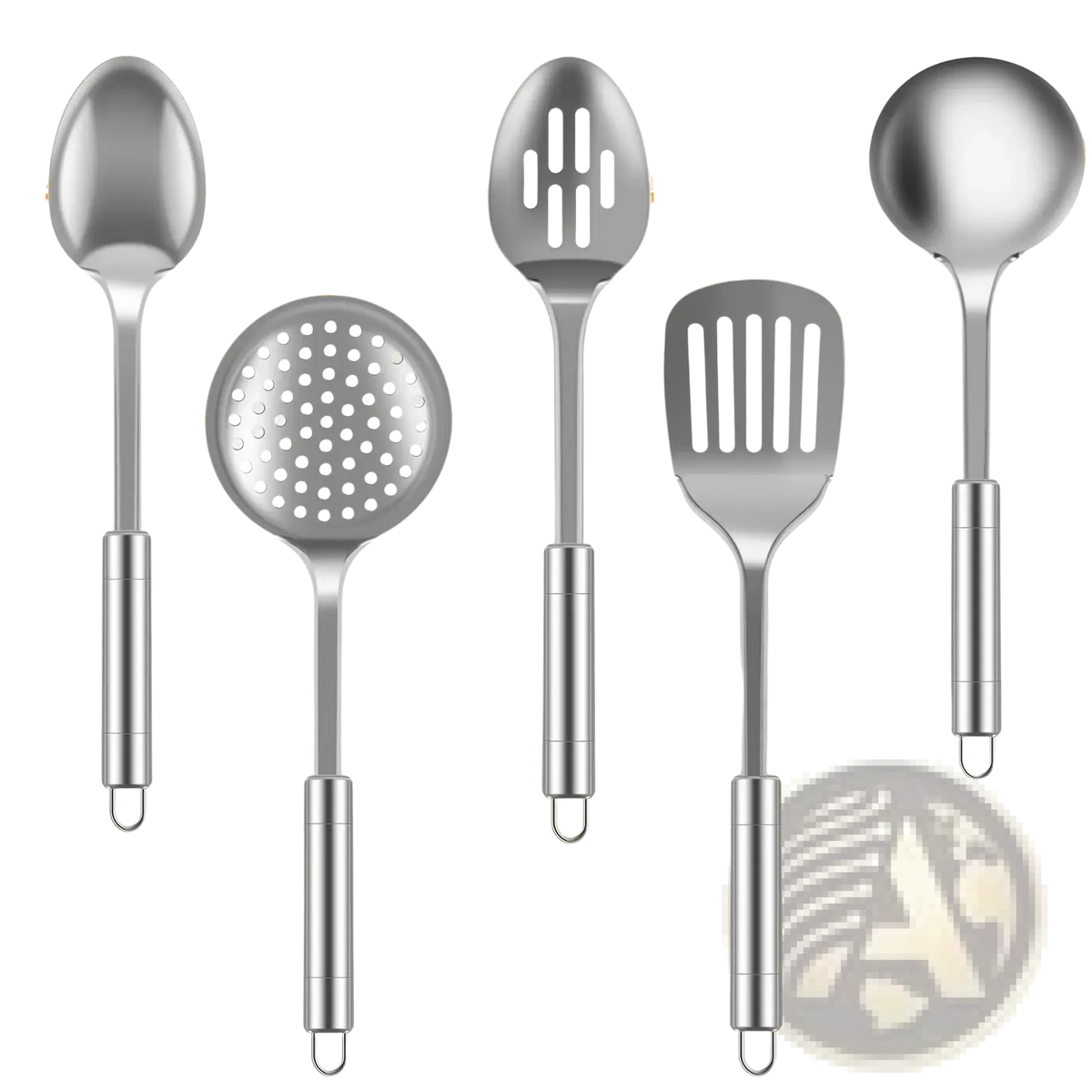 Set of five stainless steel cooking utensils including ladle slotted spoon strainer spatula and solid spoon in silver