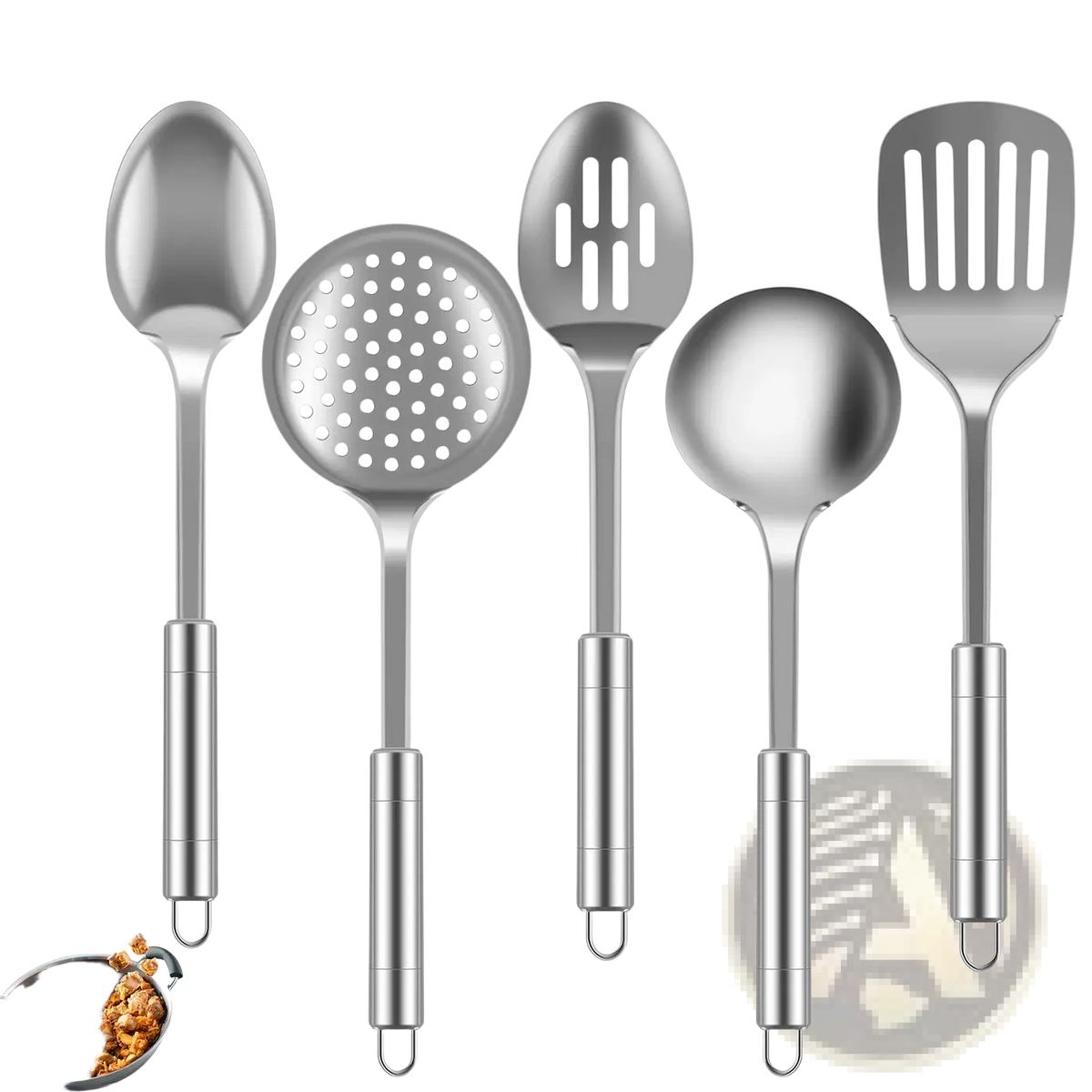 Set of five stainless steel cooking utensils with sleek reflective surfaces and ergonomic handles for kitchen use