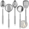 Set of five stainless steel cooking utensils with sleek reflective surfaces and ergonomic handles for kitchen use