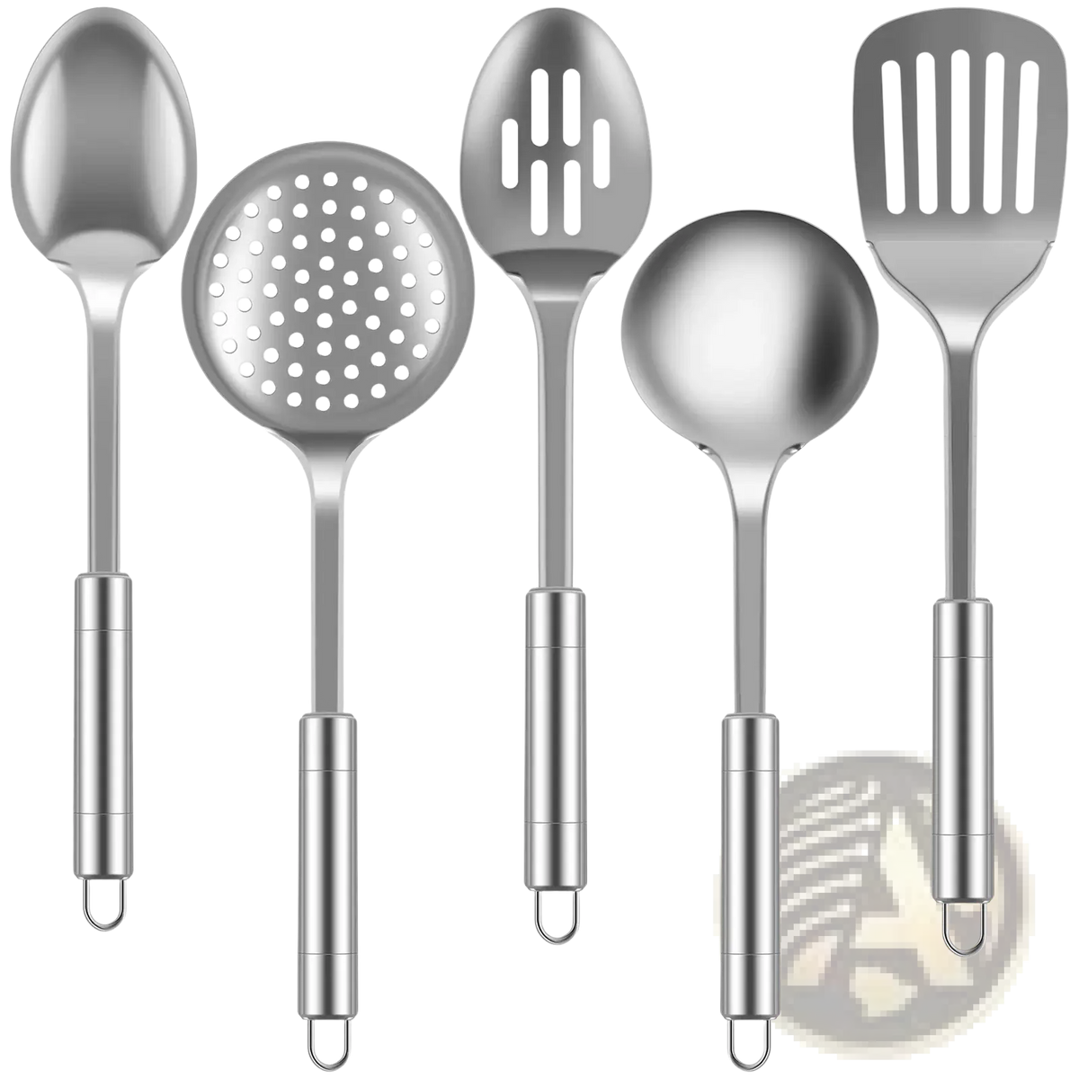 Set of five stainless steel cooking utensils with sleek reflective surfaces and ergonomic handles for kitchen use