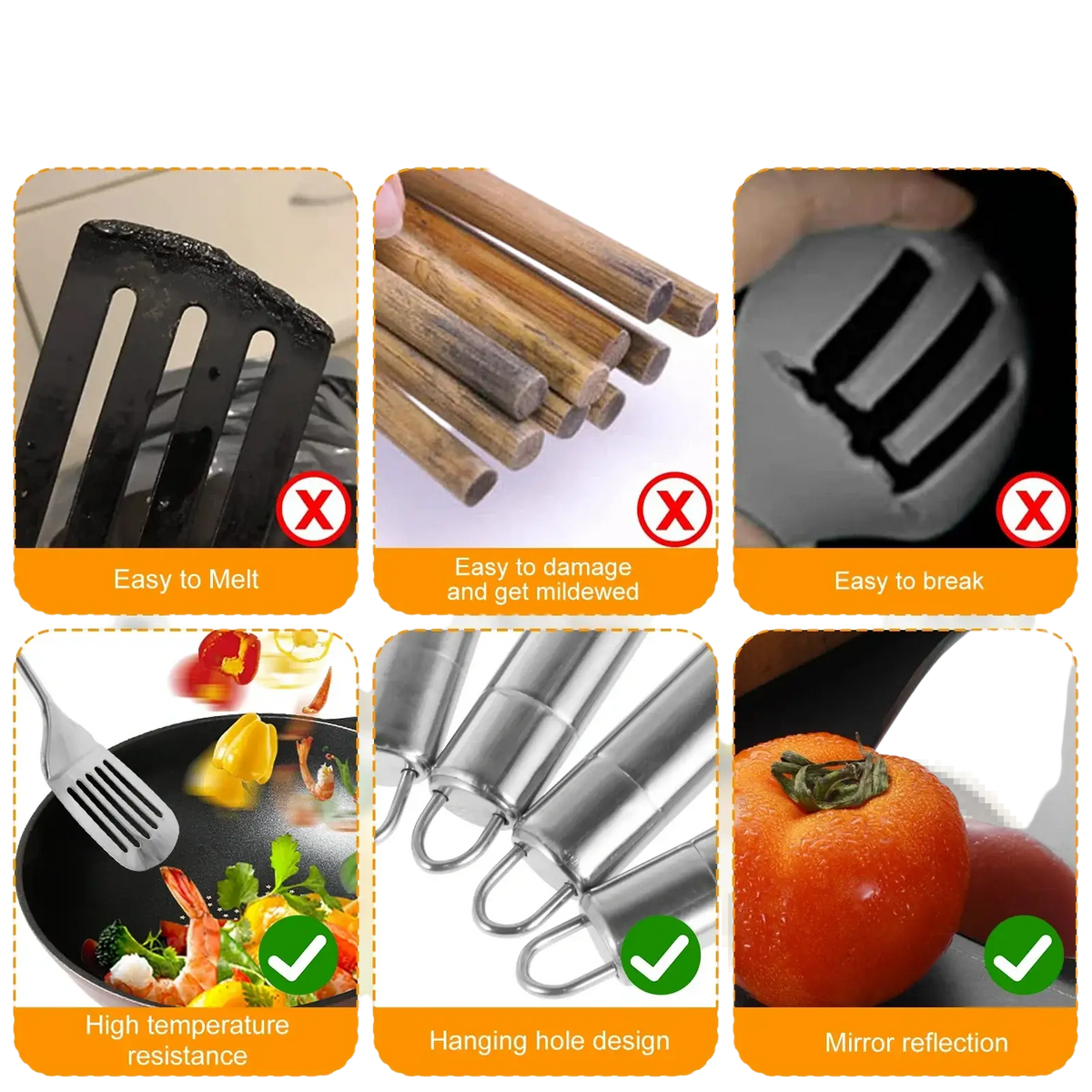 Stainless steel cooking utensils set featuring a reflective spatula with a sturdy high-temperature resistant handle