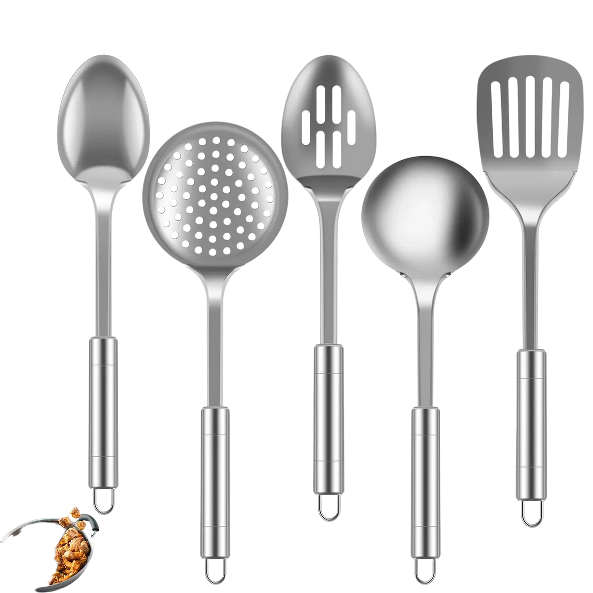 Set of five stainless steel cooking utensils with sleek reflective surfaces and ergonomic handles for kitchen use