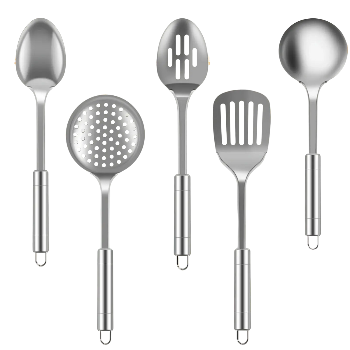 Set of five stainless steel cooking utensils including ladle slotted spoon strainer spatula and solid spoon in silver