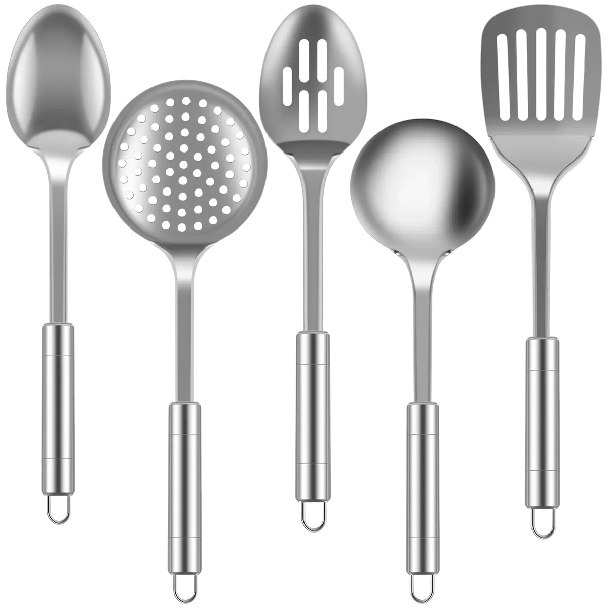 Set of five stainless steel cooking utensils with sleek reflective surfaces and ergonomic handles for kitchen use