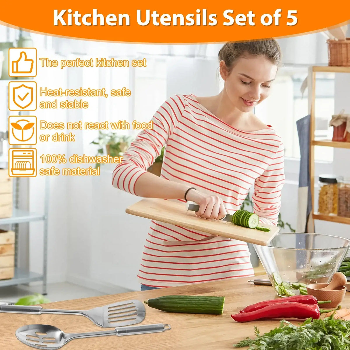 Stainless steel cooking utensils set of five with sleek metallic finish including spatula spoon and other tools