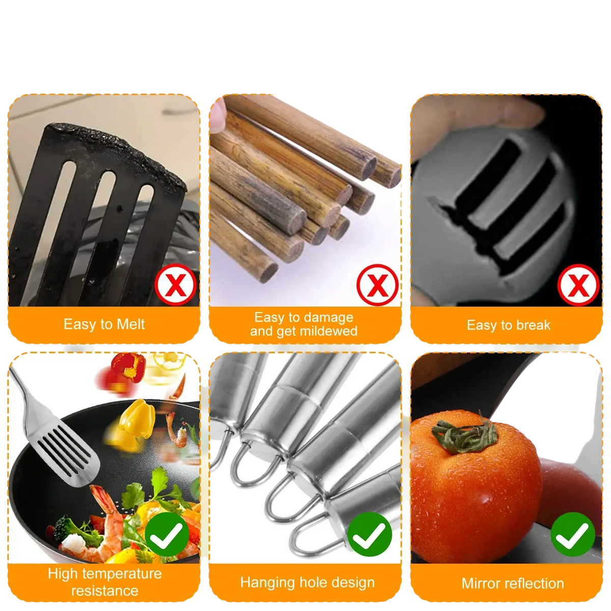 Stainless steel cooking utensils set featuring a reflective spatula with a sturdy high-temperature resistant handle
