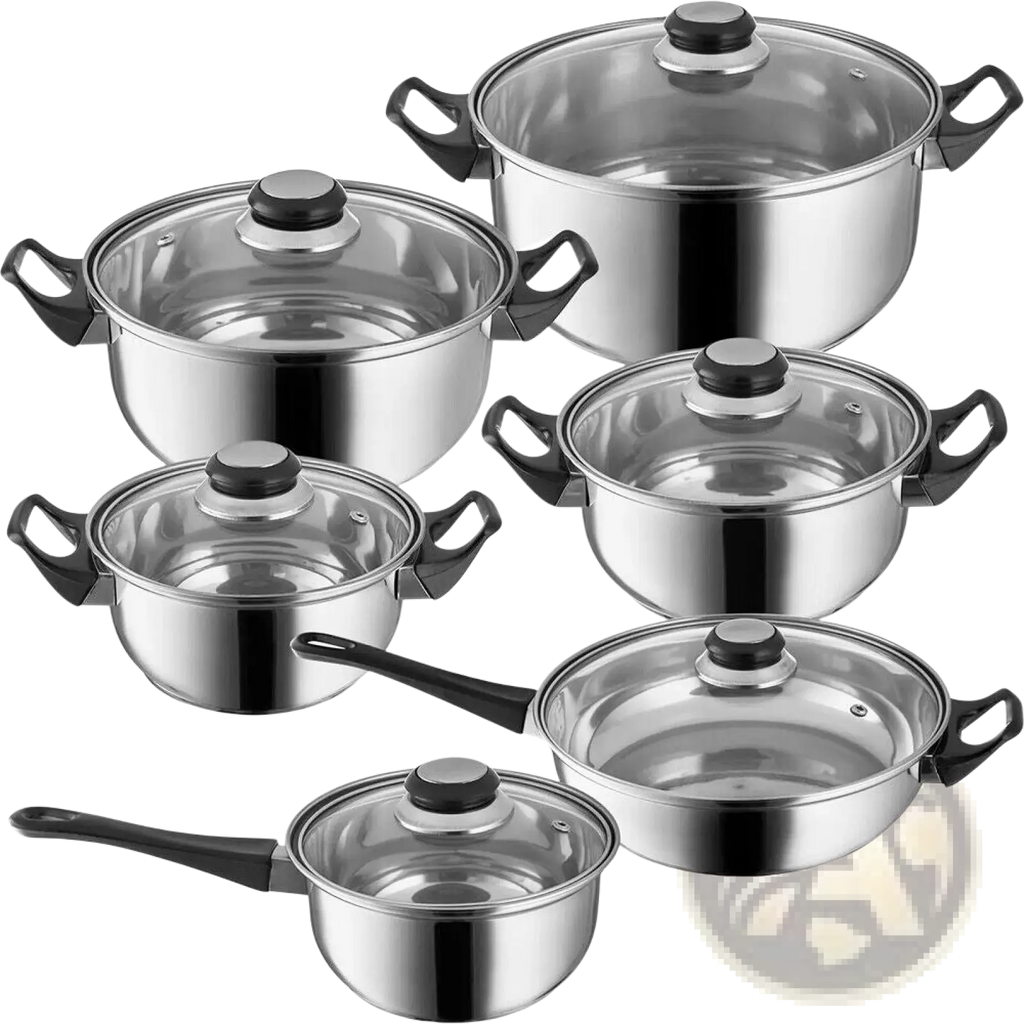 Set of 12 stainless steel cookware pots and pans with black handles and glass lids for versatile cooking