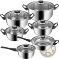 Set of 12 stainless steel cookware pots and pans with black handles and glass lids for versatile cooking