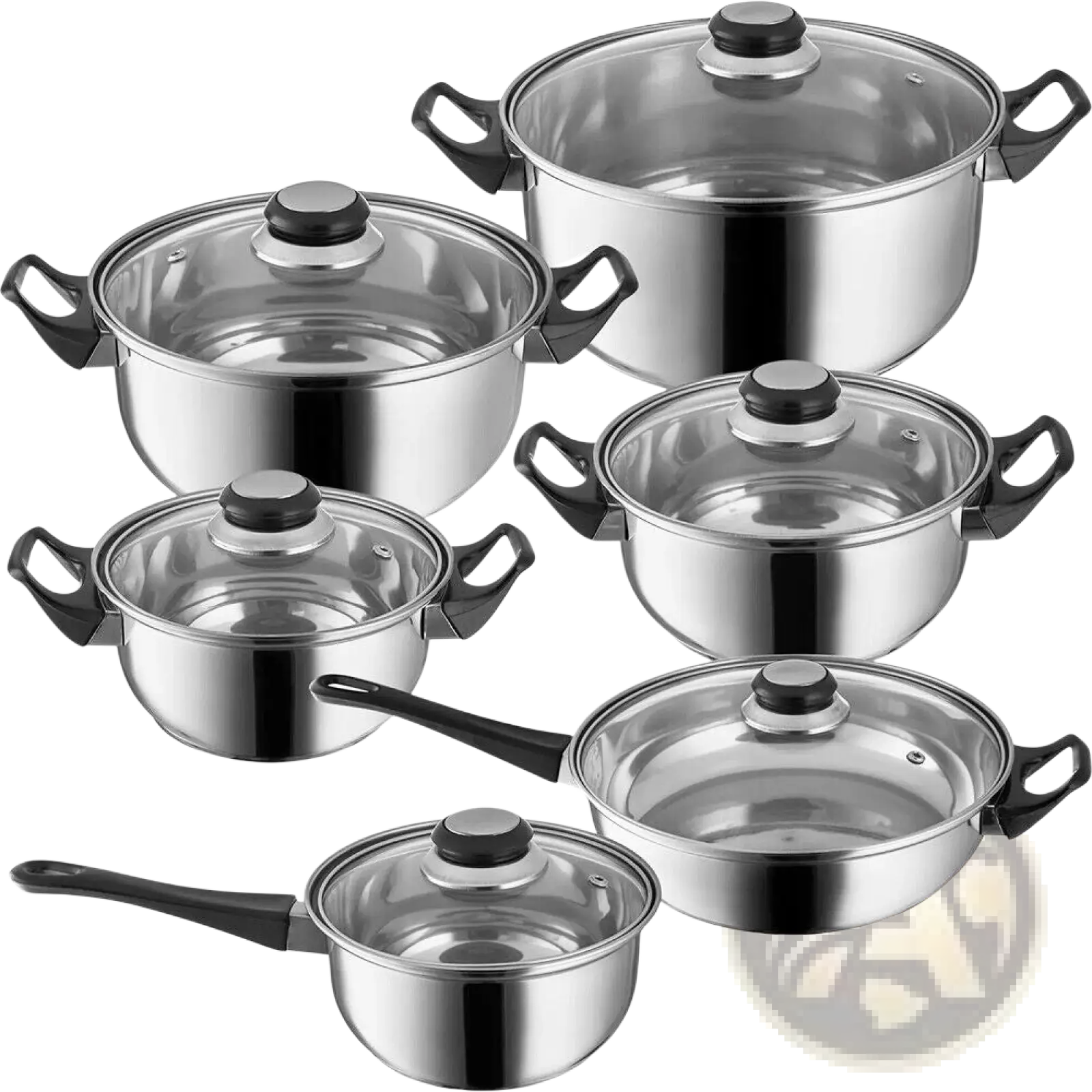 Set of 12 stainless steel cookware pots and pans with black handles and glass lids for versatile cooking