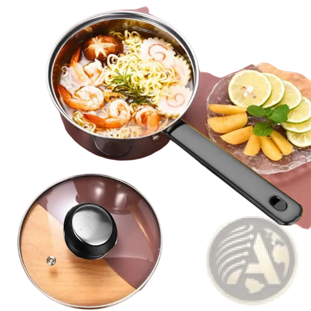 Stainless steel saucepan with black handle and glass lid from 12 piece cookware set filled with shrimp noodle soup