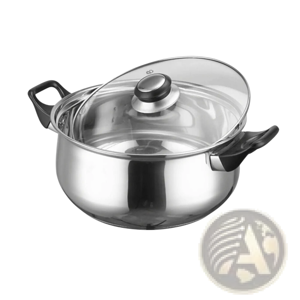 Shiny stainless steel pot with black plastic handles and clear glass lid with silver knob from 12 piece cookware set