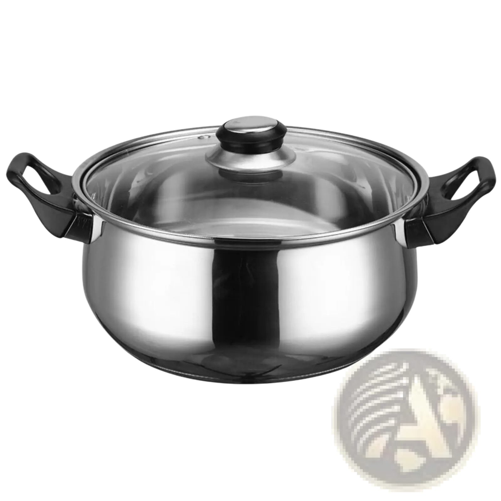 Shiny stainless steel pot with black plastic handles and clear glass lid from stainless steel cookware set 12 piece