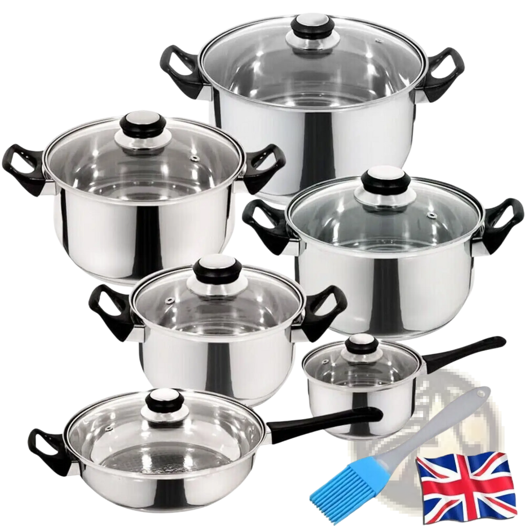 Stainless steel cookware set 12 piece with glass lids featuring black handles and durable stainless steel pots