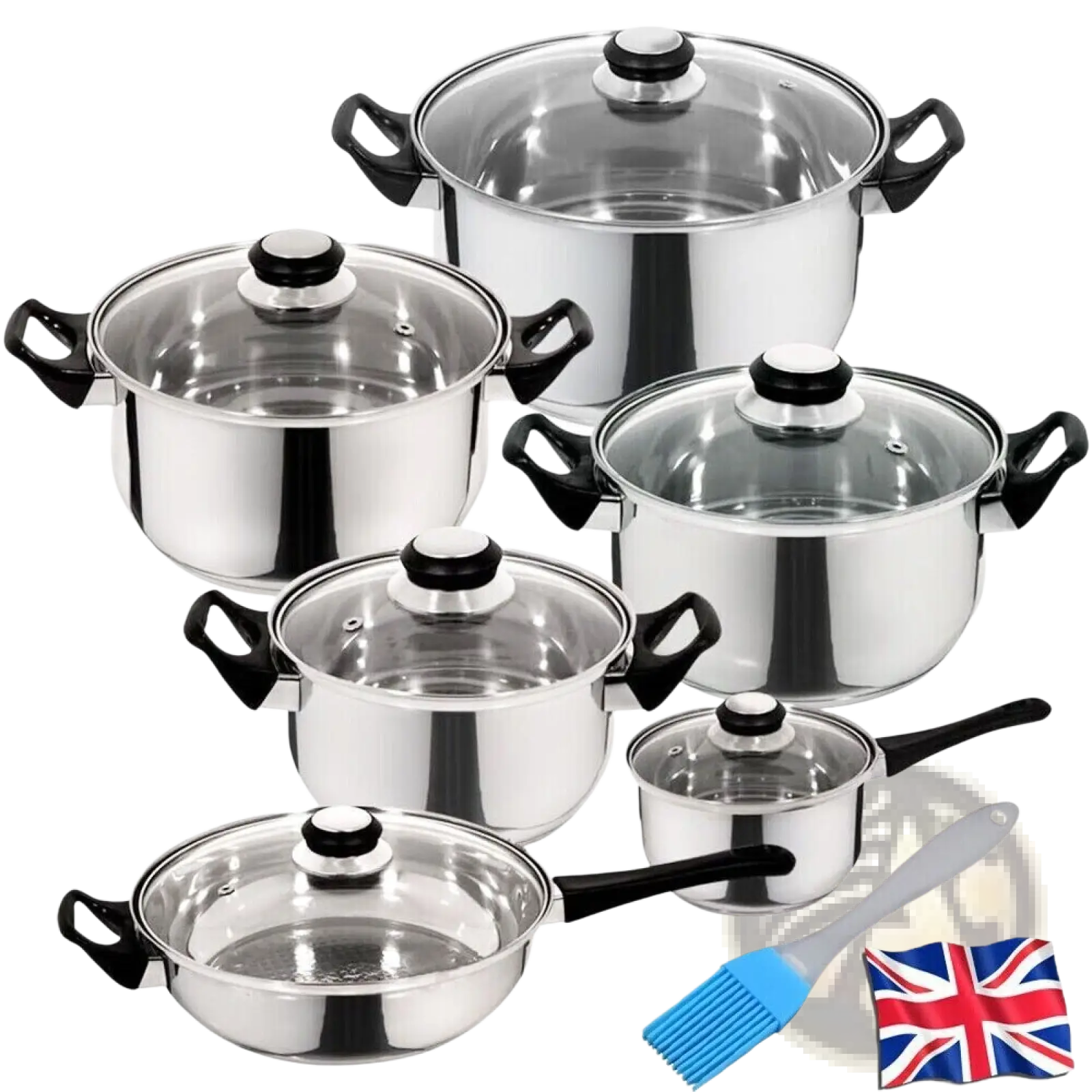 Stainless steel cookware set 12 piece with glass lids featuring black handles and durable stainless steel pots