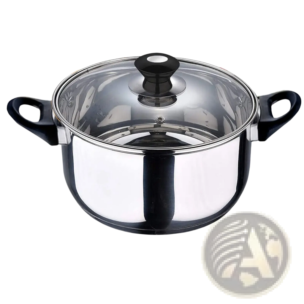 Stainless steel cookware set 12 piece with glass lids featuring a stainless steel pot with black handles and glass lid