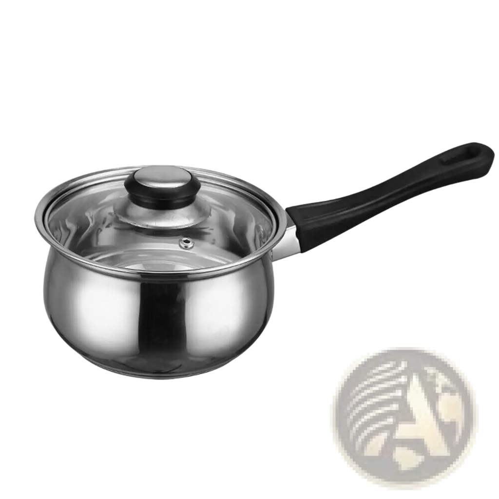 Stainless steel saucepan with black handle and clear glass lid from 12 piece stainless steel cookware set