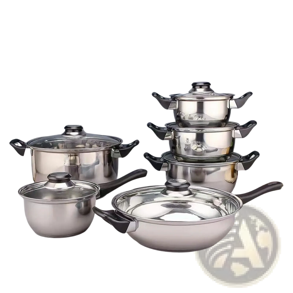 Set of 12 piece stainless steel cookware with black handles and glass lids for versatile kitchen cooking
