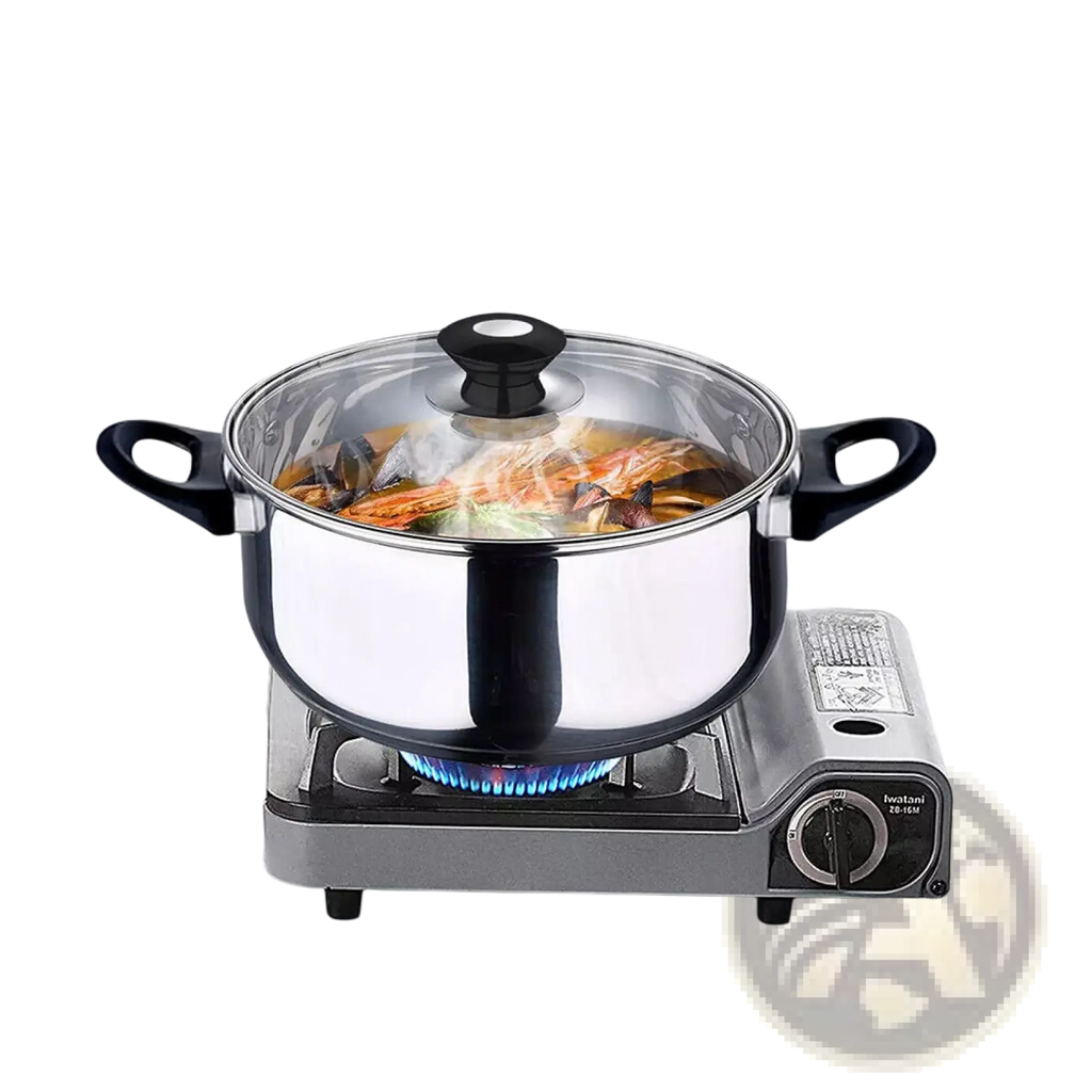 Stainless steel cookware set 12 piece with black handles and clear glass lids featuring a stainless steel pot
