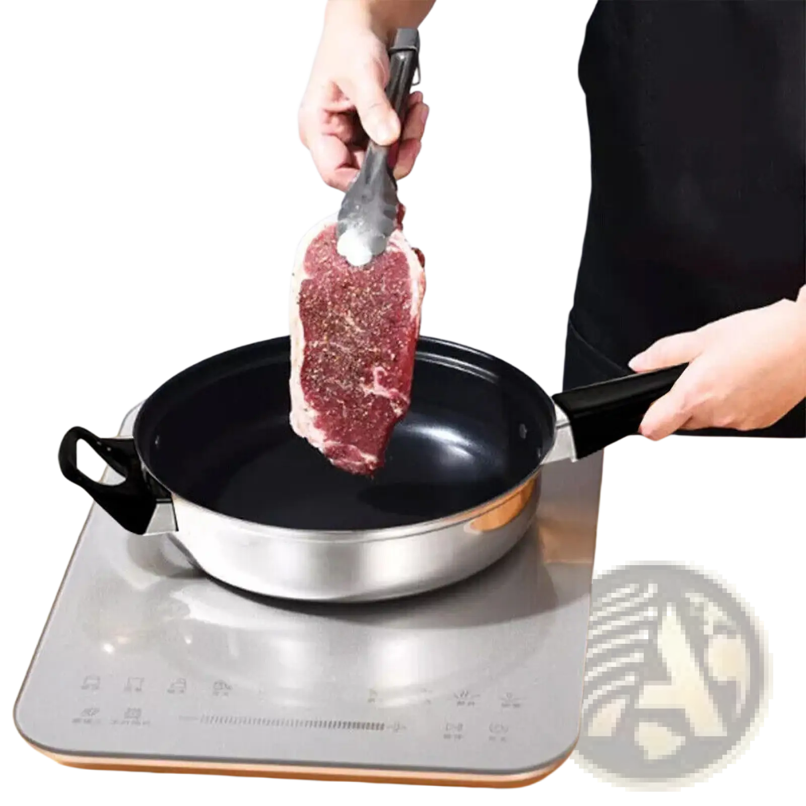 A thick marbled steak held by metal tongs above an induction cooktop with a stainless steel 12 piece cookware set