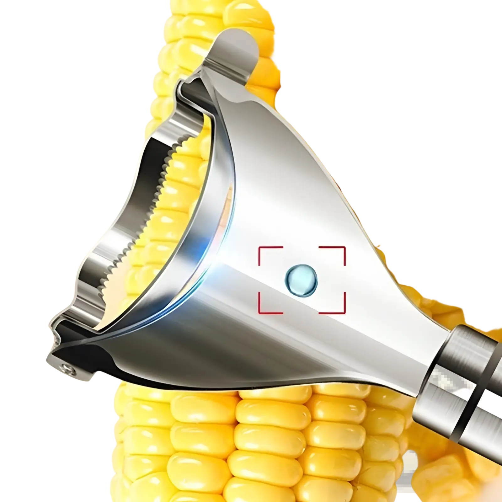 Shiny stainless steel corn planer ergonomic sheller tool with sleek curved design and serrated edges for husk removal