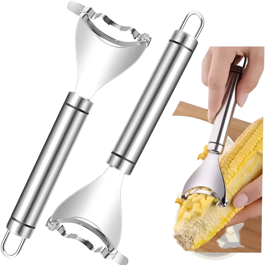 Stainless steel corn planer with polished finish and ergonomic handle designed for efficient shelling