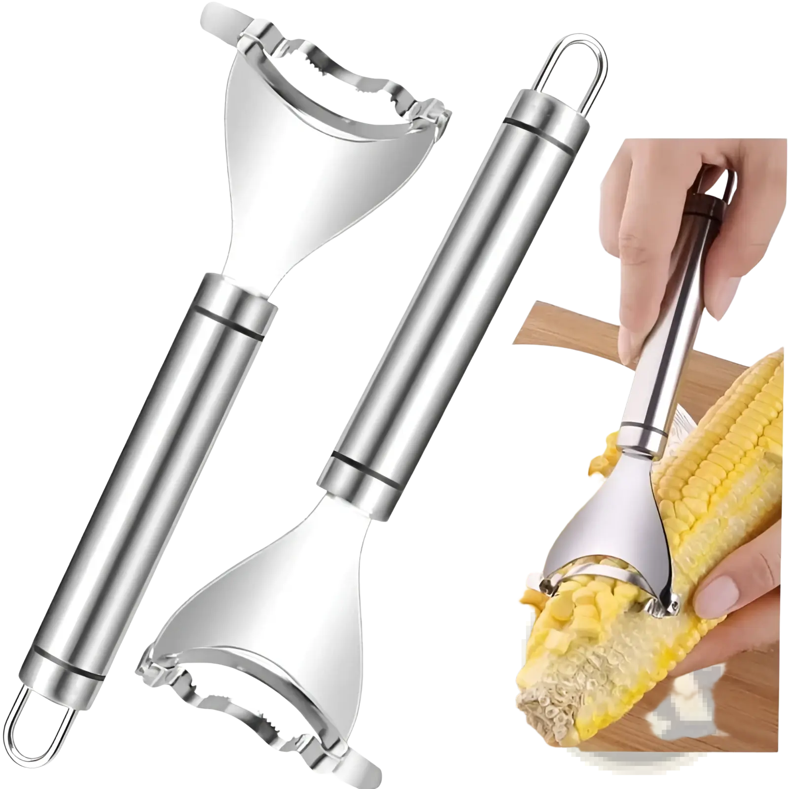 Stainless steel corn planer with polished finish and ergonomic handle designed for efficient shelling