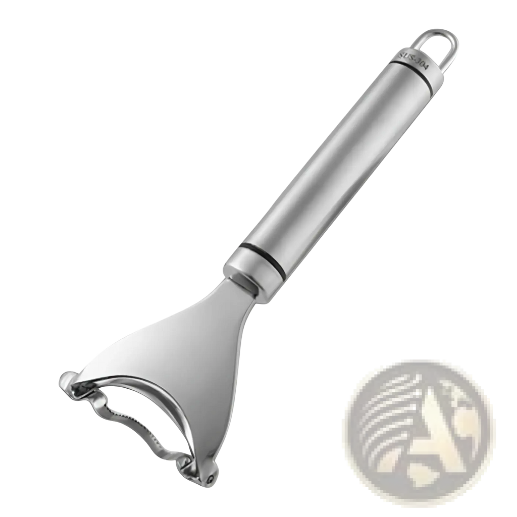Silver stainless steel corn planer ergonomic sheller tool with a curved blade for efficient fruit and vegetable peeling
