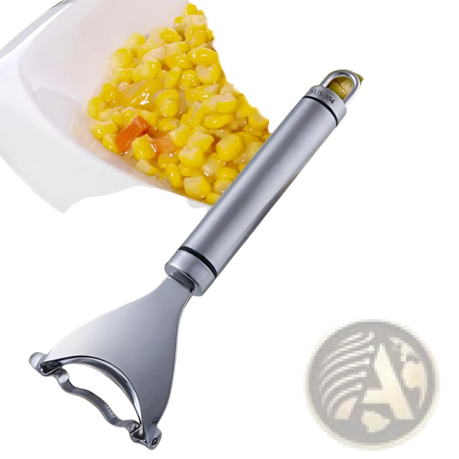 Stainless steel silver corn planer with ergonomic handle and sharp curved blades for efficient shelling