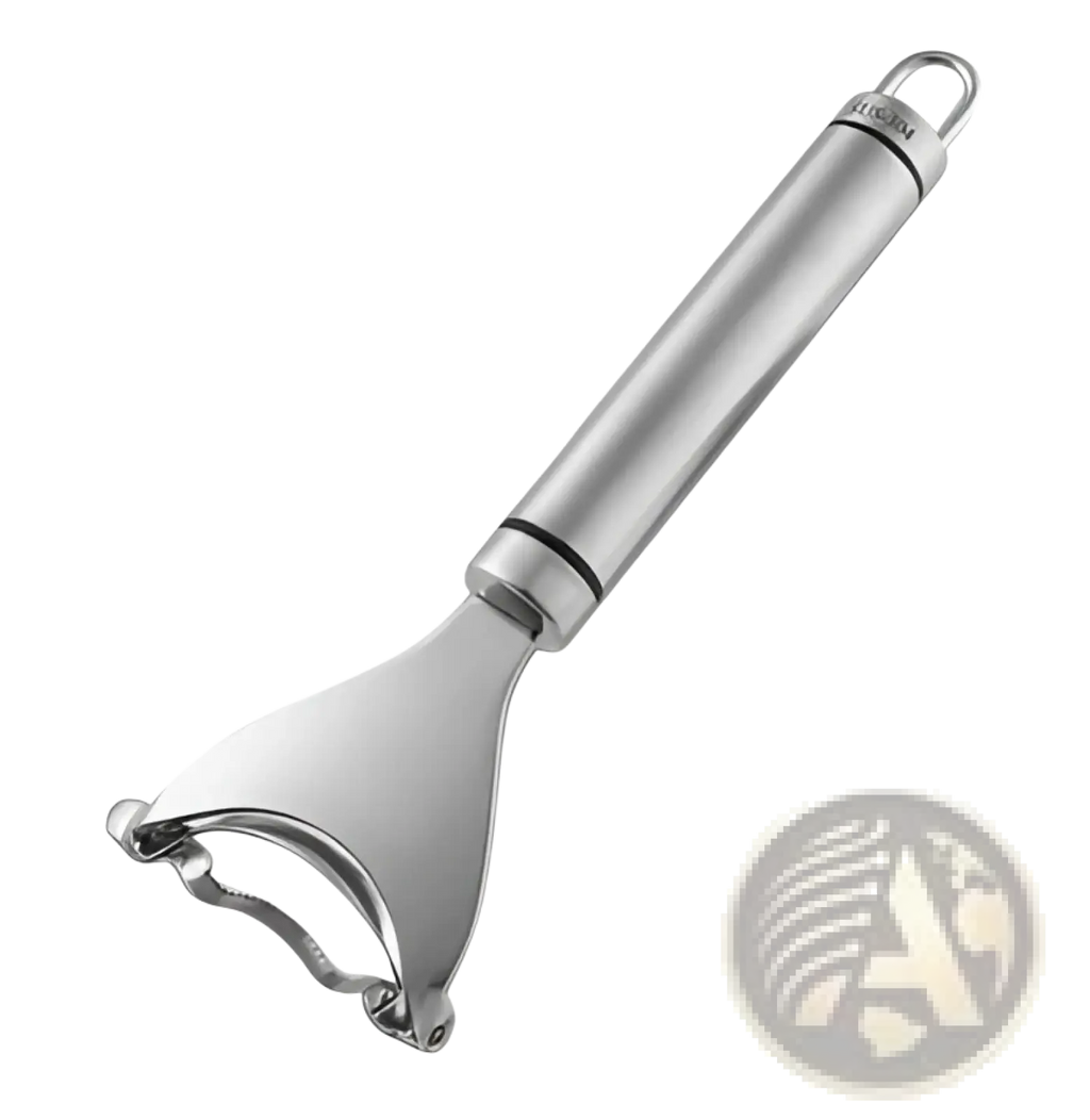 Silver stainless steel corn planer ergonomic sheller tool with a sleek handle and sharp curved blade for peeling vegetables