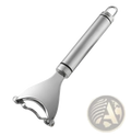 Silver stainless steel corn planer ergonomic sheller tool with a sleek handle and sharp curved blade for peeling vegetables