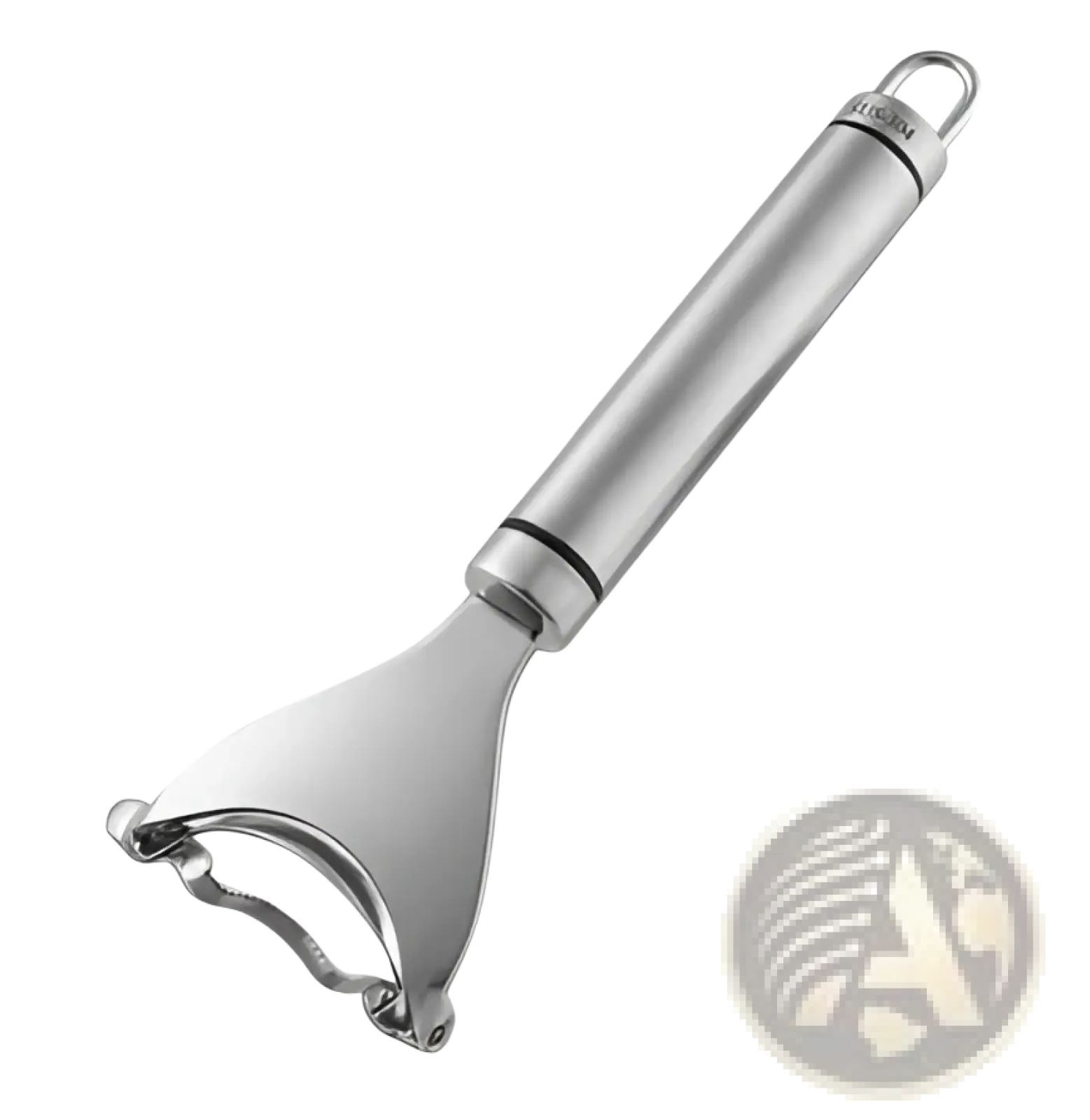 Silver stainless steel corn planer ergonomic sheller tool with a sleek handle and sharp curved blade for peeling vegetables