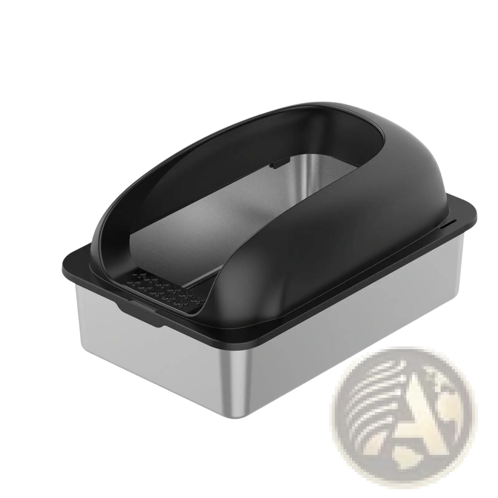 Black and stainless steel covered large cat litter box with curved lid and textured base for easy cleaning