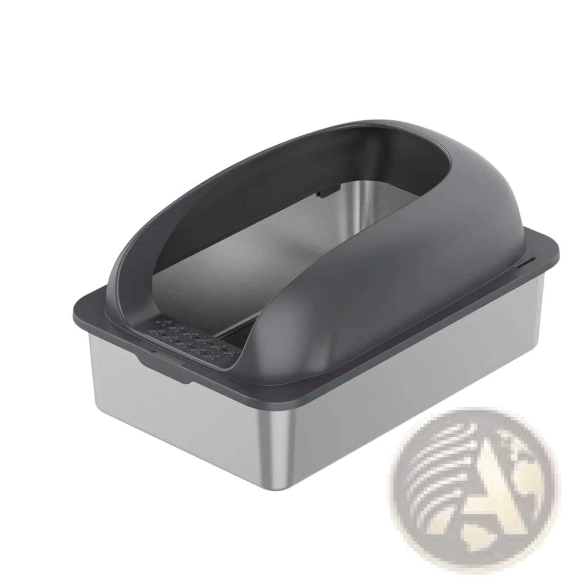 Gray and stainless steel covered large cat litter box with sleek modern design and integrated lid for indoor use