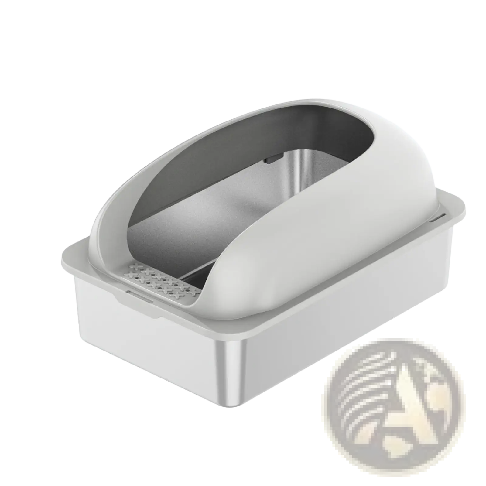 Gray plastic covered large cat litter box with stainless steel interior and built-in self-cleaning mechanism