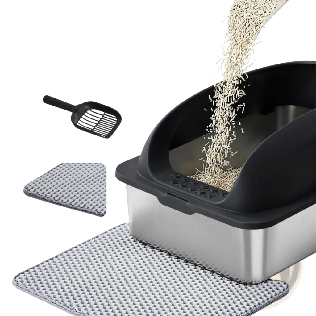 Stainless steel covered large cat litter box with sleek modern design featuring stainless steel and black plastic materials