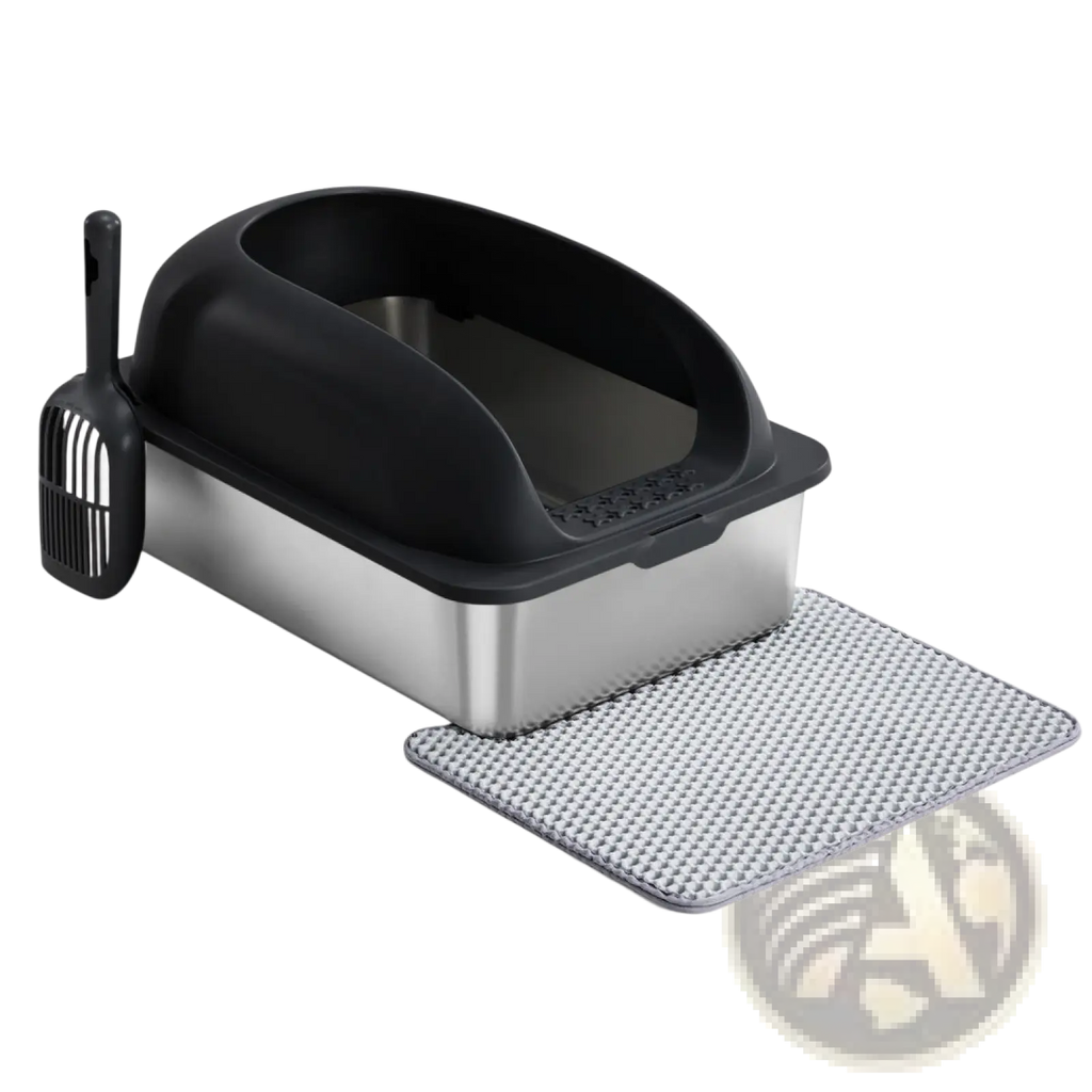 Black and stainless steel covered large cat litter box with matching scoop and textured mat for easy cleaning